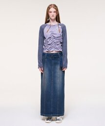 Wide Belt Long Denim Skirt, Blue