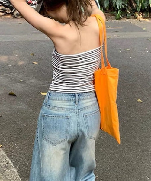 SHEPP（シープ）の「【26年春夏新作】カップ付きボーダー柄ストラップリボンビスチェ（チューブトップ・レディース・ホワイト/ブラウン/ブラック/グレー・F）」の19枚目の写真