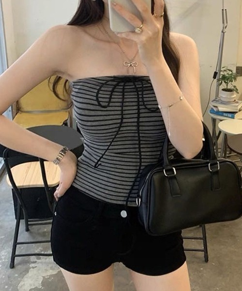 SHEPP（シープ）の「【26年春夏新作】カップ付きボーダー柄ストラップリボンビスチェ（チューブトップ・レディース・ホワイト/ブラウン/ブラック/グレー・F）」の8枚目の写真