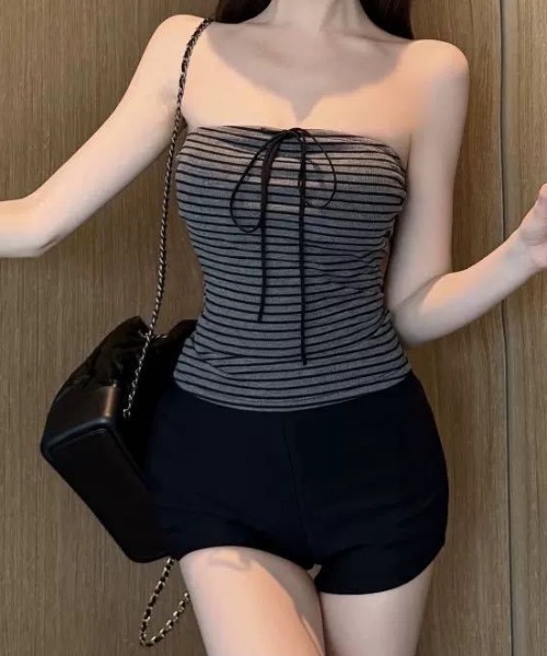 SHEPP（シープ）の「【26年春夏新作】カップ付きボーダー柄ストラップリボンビスチェ（チューブトップ・レディース・ホワイト/ブラウン/ブラック/グレー・F）」の6枚目の写真