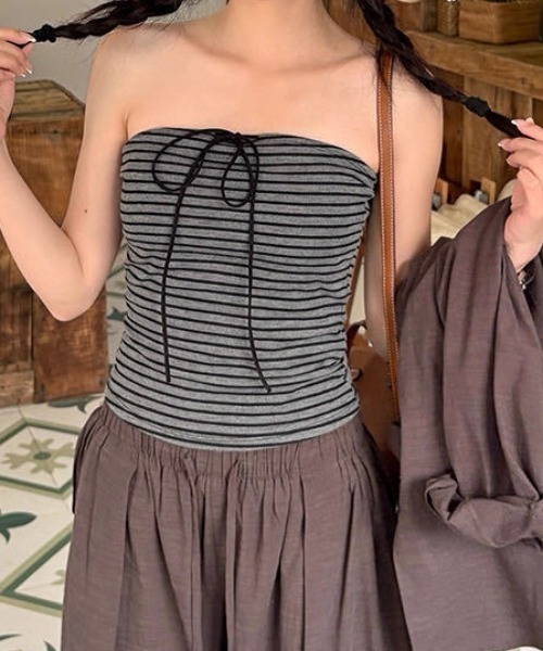 SHEPP（シープ）の「【26年春夏新作】カップ付きボーダー柄ストラップリボンビスチェ（チューブトップ・レディース・ホワイト/ブラウン/ブラック/グレー・F）」の9枚目の写真