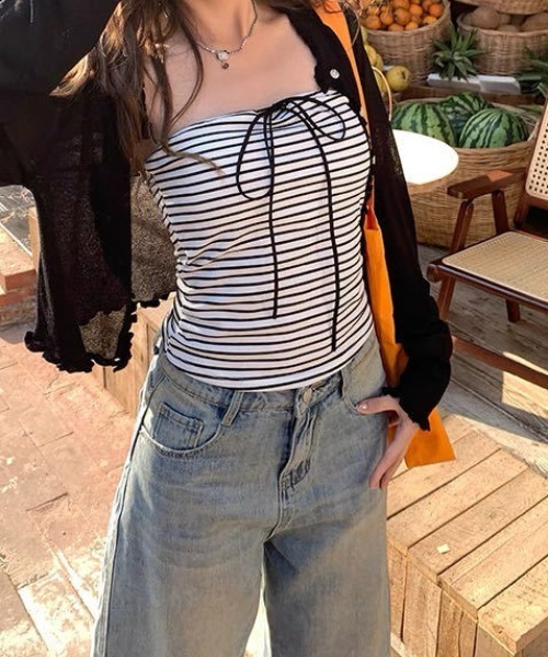 SHEPP（シープ）の「【26年春夏新作】カップ付きボーダー柄ストラップリボンビスチェ（チューブトップ・レディース・ホワイト/ブラウン/ブラック/グレー・F）」の18枚目の写真