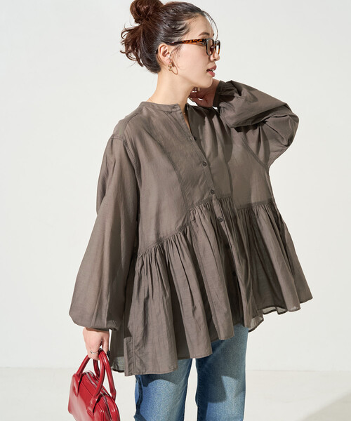 FREAK'S STORE(フリークスストア)の「限定展開 シアー ボイル フロント ボタン ギャザー ブラウス(シャツ/ブラウス・レディース・ブラウン/イエロー/オフホワイト/ブラック/ブルーグリーン/ライトブルー・フリ-)」の4枚目の写真