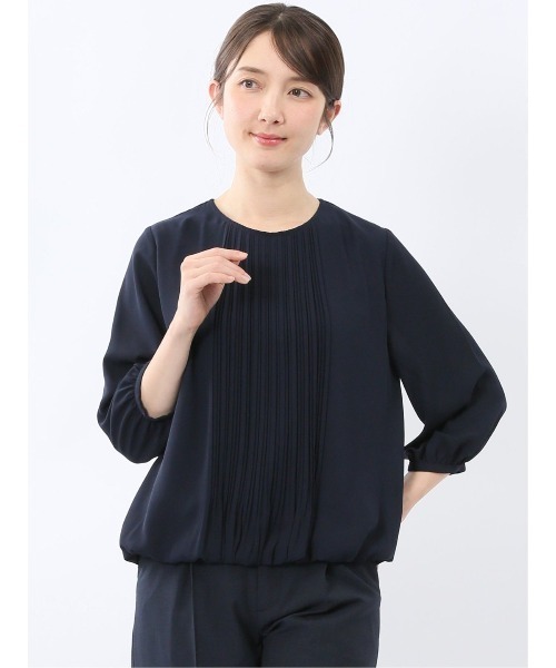 m.f.editorial（エムエフエディトリアル）の「【オフィス 綺麗目 裏地付き】m.f.エディトリアル レディース 消しプリーツ 7分袖 プルオーバー ブラウス（シャツ/ブラウス・レディース・ネイビー/パープル系その他/アイボリー・LARGE/MEDIUM）」の2枚目の写真