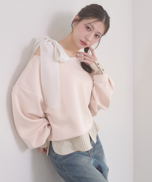 Ambre Neige（アンブルネージュ）の「punch fake layered tops / ポンチフェイクレイヤードトップス（Tシャツ/カットソー・レディース・アイボリー/ライトピンク/グレー・FREE）」の3枚目の写真