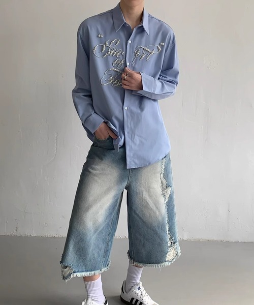 WESTBOY（ウエストボーイ）の「パールロゴオーバーサイズ ストリート ルーズフィットシャツ WO26S5TP17（シャツ/ブラウス・メンズ・ブラック/ブルー・XL/M/L）」の4枚目の写真