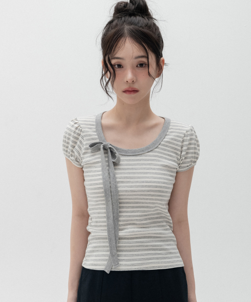 Striped Ribbon Puff Sleeve Shirt — полосатая рубашка с пышными рукавами, цвет «меренджи грей»