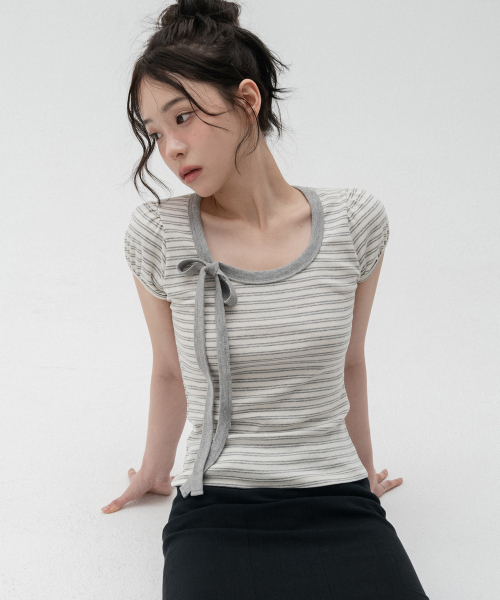 おかめさま美品✨Drawerストライプ ショートスリーブ ブラウス パフスリーブ ストライプリボンパフスリーブショートスリーブ_メランジグレー（T