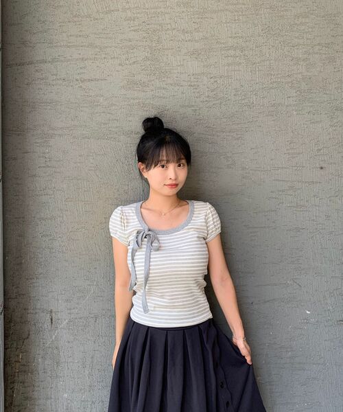 HIGH SCHOOL DISCO(ハイスクールディスコ)の「ストライプリボンパフスリーブショートスリーブ_メランジグレー(Tシャツ/カットソー・レディース・その他・FREE/0(FREE))」の12枚目の写真