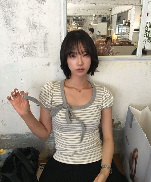 HIGH SCHOOL DISCO(ハイスクールディスコ)の「ストライプリボンパフスリーブショートスリーブ_メランジグレー(Tシャツ/カットソー・レディース・その他・FREE/0(FREE))」の17枚目の写真