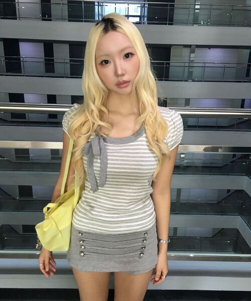 HIGH SCHOOL DISCO(ハイスクールディスコ)の「ストライプリボンパフスリーブショートスリーブ_メランジグレー(Tシャツ/カットソー・レディース・その他・FREE/0(FREE))」の9枚目の写真