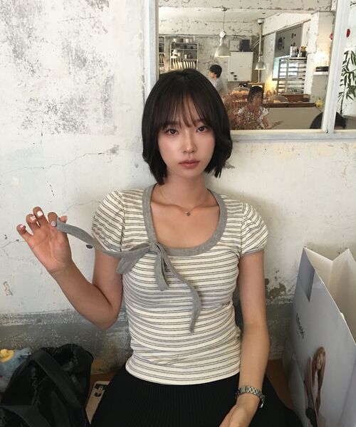 HIGH SCHOOL DISCO(ハイスクールディスコ)の「ストライプリボンパフスリーブショートスリーブ_メランジグレー(Tシャツ/カットソー・レディース・その他・FREE/0(FREE))」の4枚目の写真