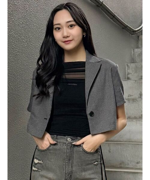 MURUA（ムルーア）の「【セットアップ対応】メッシュショートシャツジャケット　夏服（テーラードジャケット・レディース・ブラウン/ブラック/アイボリー/グレー・FREE）」の5枚目の写真
