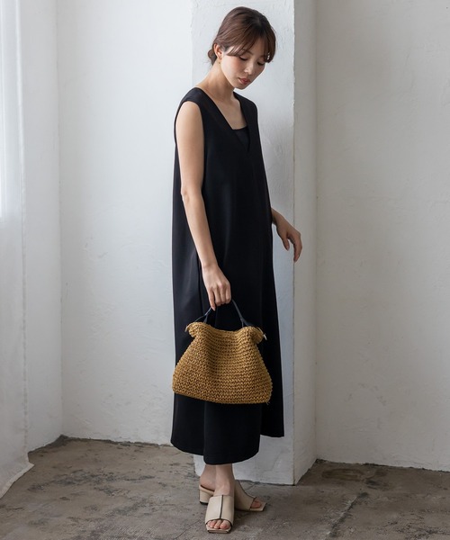 VitaFelice（ヴィータフェリーチェ）の「くったり編みペーパーブレード2WAYかごトートバッグ ラインショルダーベルト付き 【500mlペットボトル収納可】（かごバッグ・レディース・キャメル/チャコール/グレー・FREE）」の13枚目の写真