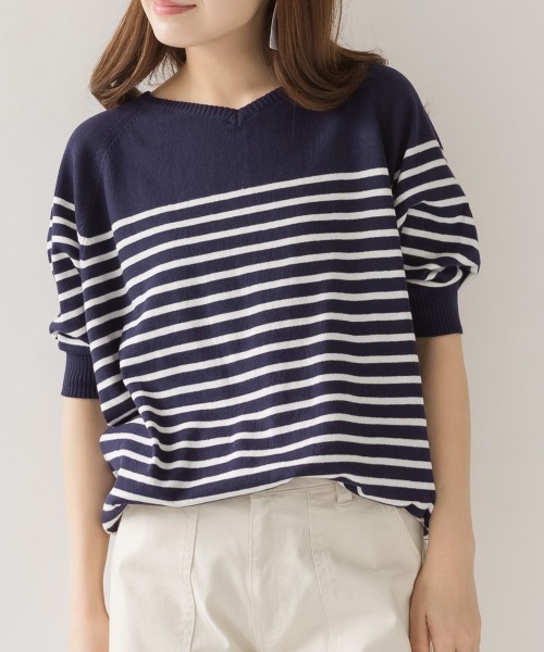 aity(アイティ)の「M-5L パネルボーダードルマンニット(Tシャツ/カットソー・レディース・ホワイト系/ネイビー系/ブラック系・M~L/4L~5L/LL~3L)」の22枚目の写真