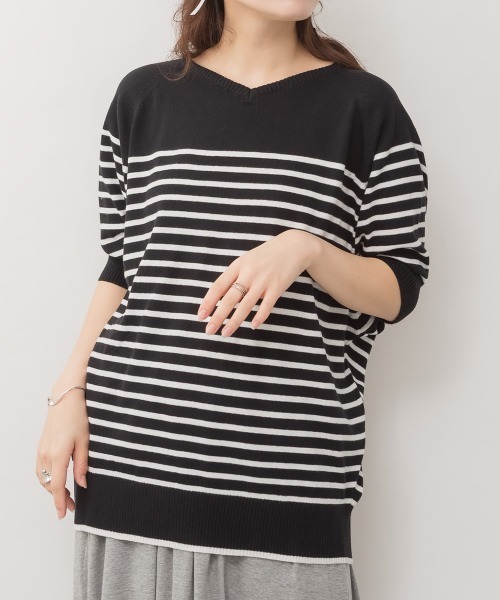 aity(アイティ)の「M-5L パネルボーダードルマンニット(Tシャツ/カットソー・レディース・ホワイト系/ネイビー系/ブラック系・M~L/4L~5L/LL~3L)」の15枚目の写真