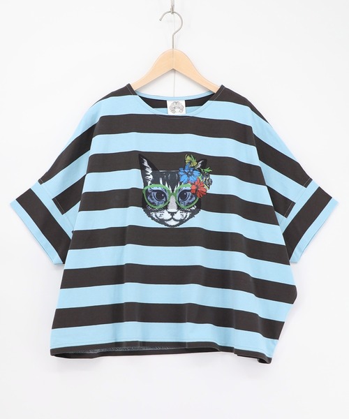 ScoLar(スカラー)の「161653:グラサンネコちゃんボーダープルオーバー(Tシャツ/カットソー・レディース・ブルー/チャコールグレー/オフホワイト・M)」の3枚目の写真