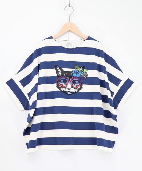 ScoLar(スカラー)の「161653:グラサンネコちゃんボーダープルオーバー(Tシャツ/カットソー・レディース・ブルー/チャコールグレー/オフホワイト・M)」の1枚目の写真