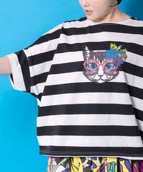 ScoLar(スカラー)の「161653:グラサンネコちゃんボーダープルオーバー(Tシャツ/カットソー・レディース・ブルー/チャコールグレー/オフホワイト・M)」の9枚目の写真