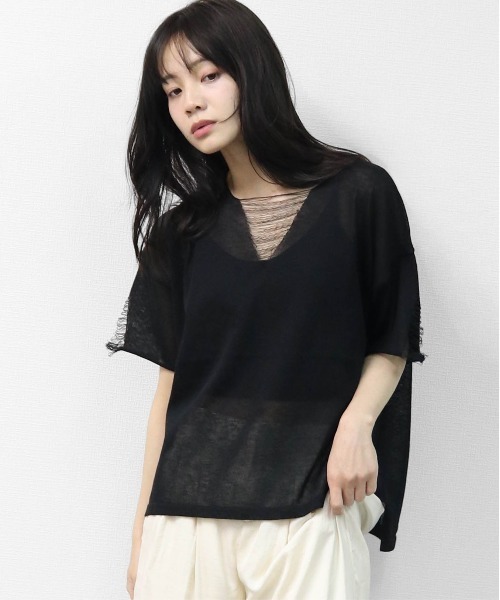 THE CELL.(ザセルドット)の「リネン混 ドライタッチシアー ダメージデザインニット LINEN-BLEND HIGH-TWIST SHEER DISTRESSED KNIT(ニット/セーター・レディース・ベージュ/ブラック/ネイビー・FREE)」の4枚目の写真
