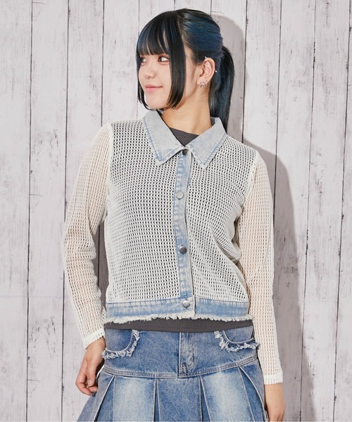 GORGE(ゴージ)の「《デニム×メッシュ》カーディガン/ストリート×カジュアル/春夏秋/全3色(カーディガン/ボレロ・レディース・オフホワイト/ベージュ/ブラック・F)」の1枚目の写真