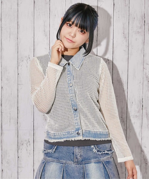 GORGE(ゴージ)の「《デニム×メッシュ》カーディガン/ストリート×カジュアル/春夏秋/全3色(カーディガン/ボレロ・レディース・オフホワイト/ベージュ/ブラック・F)」の6枚目の写真
