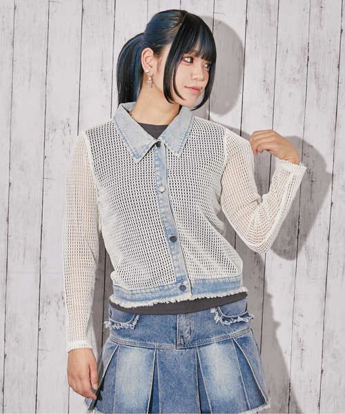 GORGE(ゴージ)の「《デニム×メッシュ》カーディガン/ストリート×カジュアル/春夏秋/全3色(カーディガン/ボレロ・レディース・オフホワイト/ベージュ/ブラック・F)」の4枚目の写真