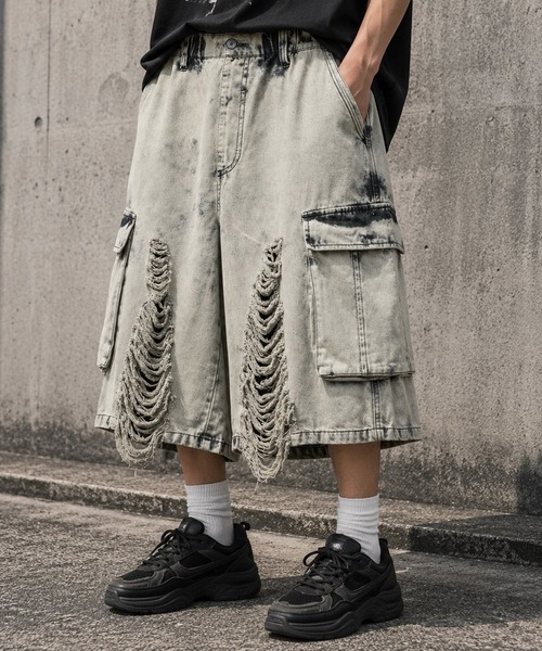 8(eight)(エイト)の「クラッシュカーゴショーツ(デニムパンツ・メンズ・ブラック/グレー・LARGE/MEDIUM)」の1枚目の写真