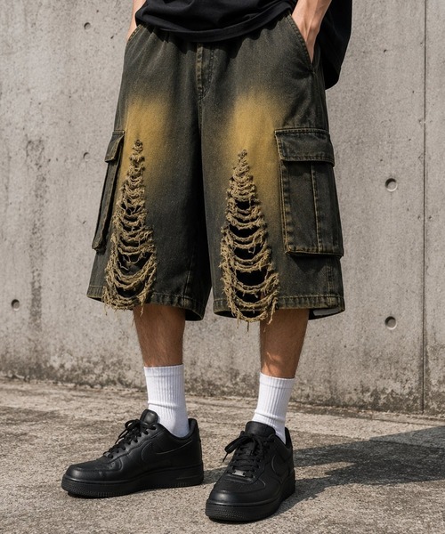 8(eight)(エイト)の「クラッシュカーゴショーツ(デニムパンツ・メンズ・ブラック/グレー・LARGE/MEDIUM)」の2枚目の写真