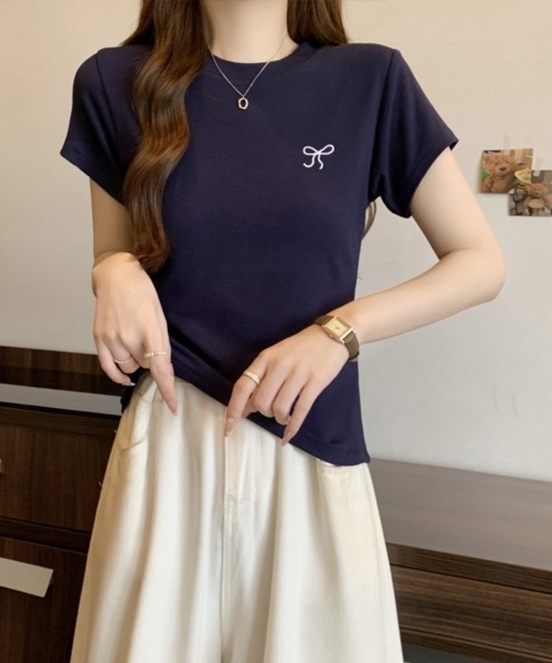 SallyLunn（サリーラン）の「【大人ガーリー】リボンフィットTシャツ（Tシャツ/カットソー・レディース・ネイビー/ピンク/ホワイト・MEDIUM/LARGE）」の6枚目の写真