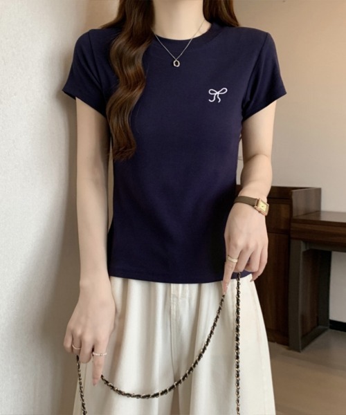 SallyLunn（サリーラン）の「【大人ガーリー】リボンフィットTシャツ（Tシャツ/カットソー・レディース・ネイビー/ピンク/ホワイト・MEDIUM/LARGE）」の7枚目の写真