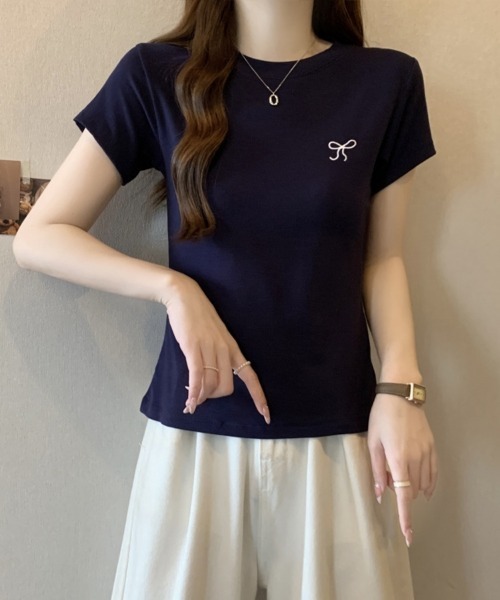 SallyLunn（サリーラン）の「【大人ガーリー】リボンフィットTシャツ（Tシャツ/カットソー・レディース・ネイビー/ピンク/ホワイト・MEDIUM/LARGE）」の9枚目の写真