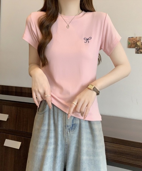 SallyLunn（サリーラン）の「【大人ガーリー】リボンフィットTシャツ（Tシャツ/カットソー・レディース・ネイビー/ピンク/ホワイト・MEDIUM/LARGE）」の12枚目の写真