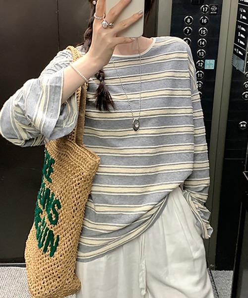 LAFFMO（ラフモ）の「立体ボーダーカットソー（Tシャツ/カットソー・レディース・グレー/ピンク/ネイビー・S/M）」の2枚目の写真