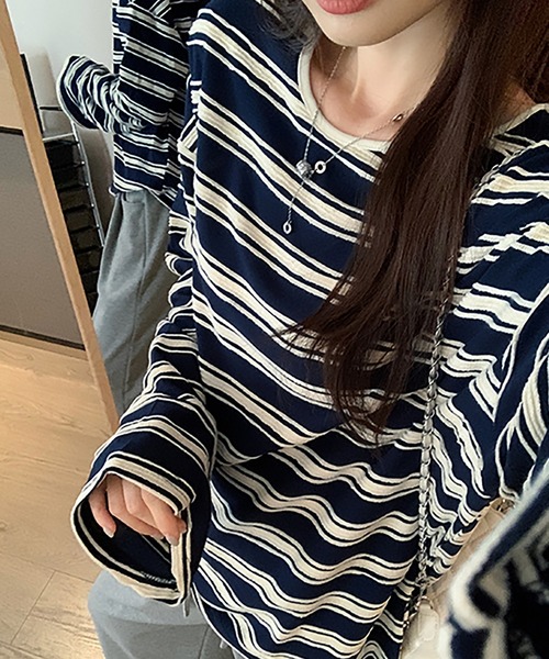 LAFFMO（ラフモ）の「立体ボーダーカットソー（Tシャツ/カットソー・レディース・グレー/ピンク/ネイビー・S/M）」の6枚目の写真