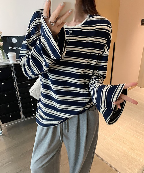 LAFFMO（ラフモ）の「立体ボーダーカットソー（Tシャツ/カットソー・レディース・グレー/ピンク/ネイビー・S/M）」の7枚目の写真