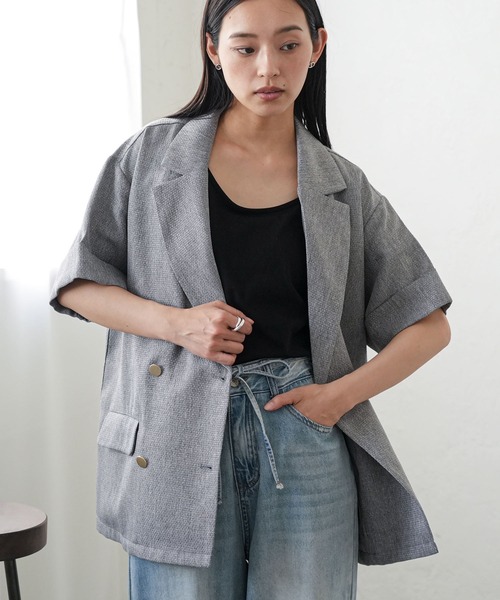 mili an deni(ミリアンデニ)の「半袖サマーツィードジャケット(テーラードジャケット・レディース・グレー/ブラウン/ブラック・M)」の2枚目の写真