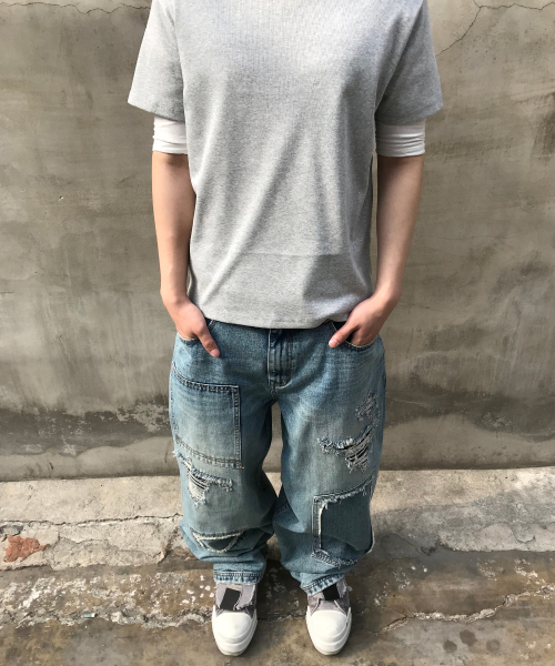 KICHUL(キチョル)の「Square Patch Cut Wide Denim Pants (Mid Blue)(デニムパンツ・レディース・その他・LARGE/SMALL/MEDIUM)」の4枚目の写真