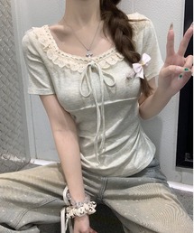 レースネックリボンカットソー 半袖 フェミニン きれいめ トップス