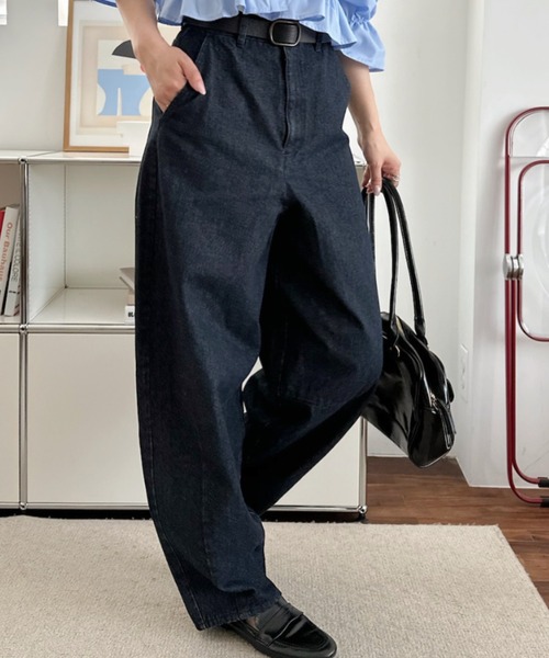 umune(ウムネ)の「デニムパンツ カーブジーンズ ワイドパンツ ハイウエスト ボトムス ロング丈 ジーパン ゆったり 体型カバー 大人カジュアル 秋 冬(デニムパンツ・レディース・グレー/インディゴブルー/レンガ・M/L)」の3枚目の写真