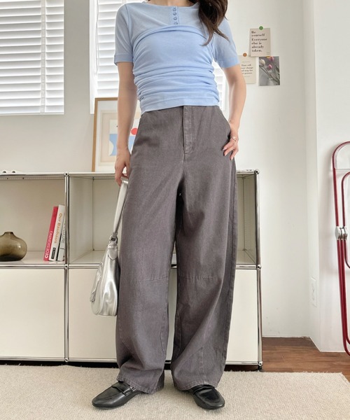 umune(ウムネ)の「デニムパンツ カーブジーンズ ワイドパンツ ハイウエスト ボトムス ロング丈 ジーパン ゆったり 体型カバー 大人カジュアル 秋 冬(デニムパンツ・レディース・グレー/インディゴブルー/レンガ・M/L)」の8枚目の写真