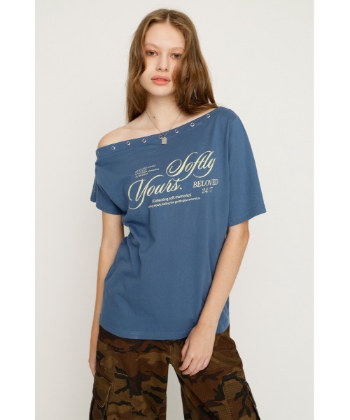 SLY(スライ)の「ONE SHOULDER PRINT TOPS ワンショルダープリントトップス 夏服(Tシャツ/カットソー・レディース・ダークブルー/ブラウン/杢グレー/ライトブラック・FREE)」の4枚目の写真
