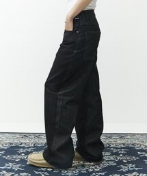 パブン7524 配色ワイドフィットブラックデニムパンツ
