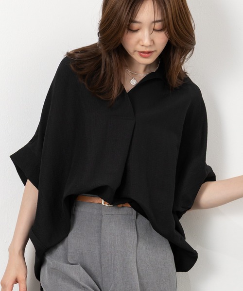 MAISONCOMFY (メゾンコンフィ)の「【スキッパーブラウス】ヒップまでしっかり隠れるオーバーサイズ(シャツ/ブラウス・レディース・ネイビー/ミント/ホワイト/ブラック/イエロー・FREE)」の3枚目の写真