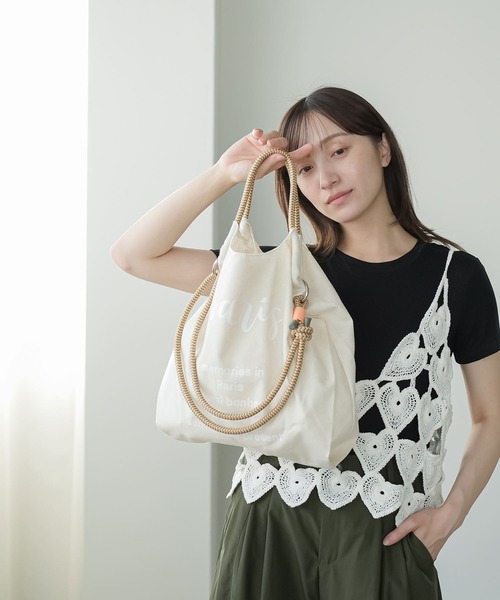 mili an deni（ミリアンデニ）の「3WAYロゴプリントロープトートバッグ（ショルダーバッグ・レディース・カーキ/サックスブルー/エメラルド/ライトベージュ・F）」の5枚目の写真