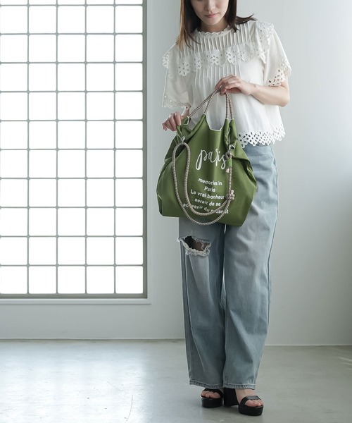mili an deni（ミリアンデニ）の「3WAYロゴプリントロープトートバッグ（ショルダーバッグ・レディース・カーキ/サックスブルー/エメラルド/ライトベージュ・F）」の12枚目の写真