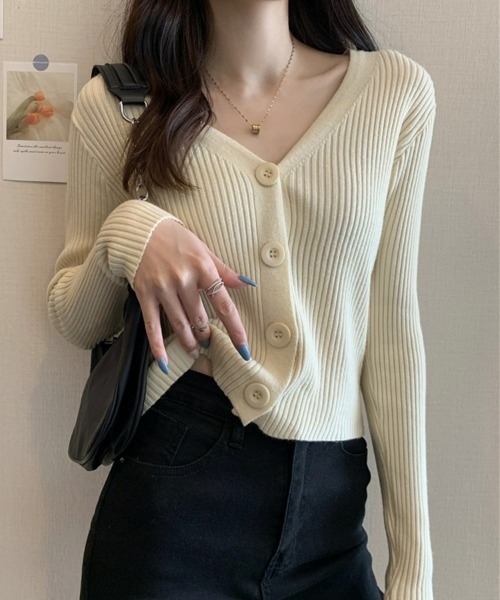 SEU(エスイーユー)の「【着回し万能】 ショート丈カーディガン Vネックリブニット 【オフィスカジュアル】【きれいめカジュアル】 春 秋 冬レディース韓国風(カーディガン/ボレロ・レディース・ベージュ/ホワイト/グレー/ブラック・フリー)」の4枚目の写真