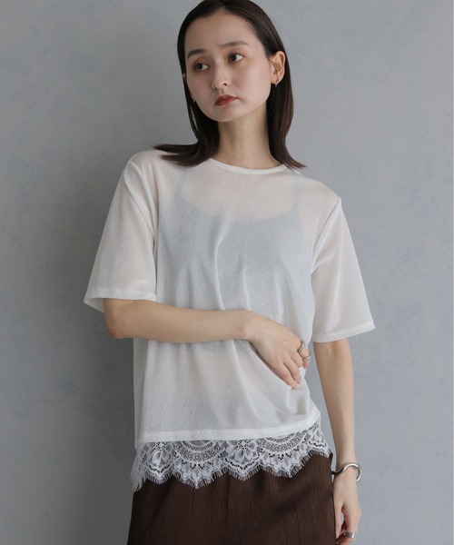 &g'aime(アンジェム)の「【&g'aime 】シアーベロア裾レーストップス Sheer Velour Lace-Trimmed Top(Tシャツ/カットソー・レディース・オフホワイト/ブラウン/ブラック・FREE)」の2枚目の写真