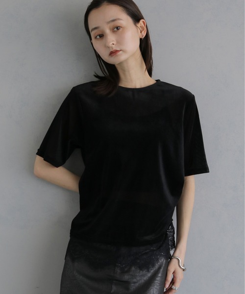 &g'aime(アンジェム)の「【&g'aime 】シアーベロア裾レーストップス Sheer Velour Lace-Trimmed Top(Tシャツ/カットソー・レディース・オフホワイト/ブラウン/ブラック・FREE)」の3枚目の写真