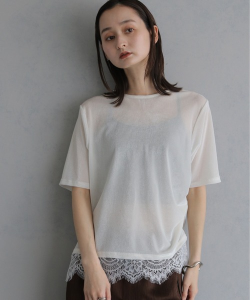 &g'aime(アンジェム)の「【&g'aime 】シアーベロア裾レーストップス Sheer Velour Lace-Trimmed Top(Tシャツ/カットソー・レディース・オフホワイト/ブラウン/ブラック・FREE)」の4枚目の写真
